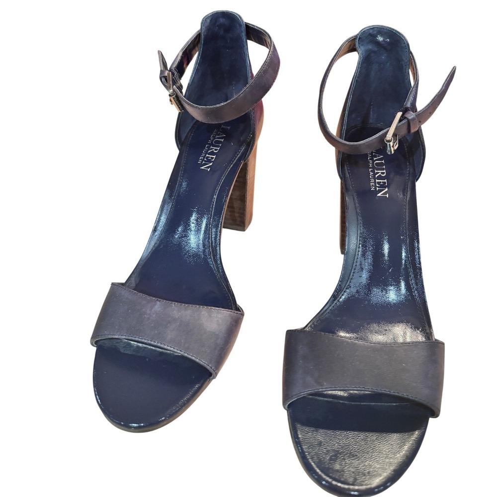 Lauren Ralph Lauren Tacey Navy Blue Leather Block Heel Ankle Strap Sandal 9B